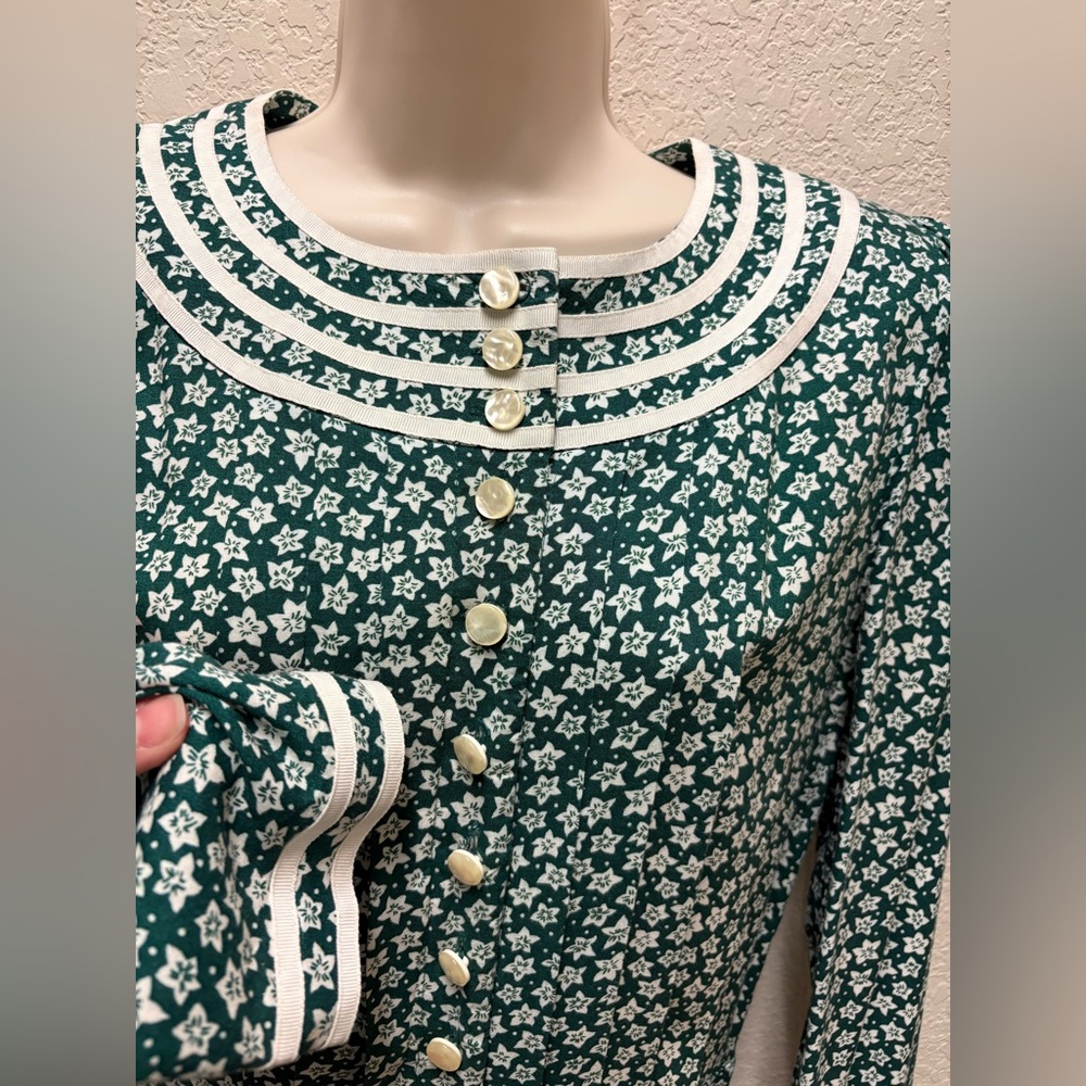 Vintage Green Floral Button-Down Dress Prairie Style 80s - Picture 2 of 9